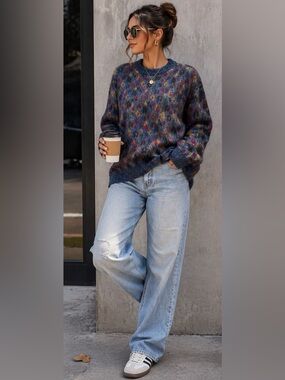 Vintage Peter Brown Italy Wool Floral Sweater Oversized Grandpa Knit L
